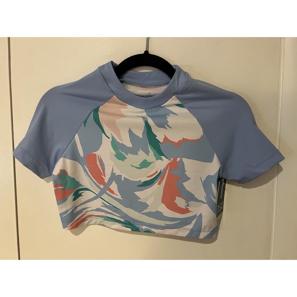 NWT DSG Girls Swim Cropped Rash Guard Blue Abstract Large‎ 10-12 Short Sleeve